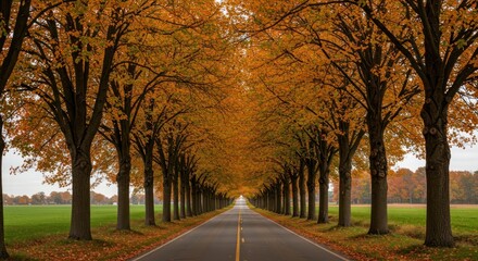 Naklejka premium Golden Autumn Alley: Serene Road Through Vibrant Fall Foliage