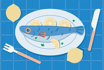 Italian summer fish dish wall art vector. Grilled fish lemon and herbs coastal mediterranean kitchen illustration decor.