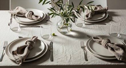 Elegant Table Setting with Olive Branch Centerpiece and Natural Linen Napkins