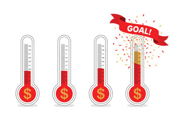 Financial goal thermometer showing progress towards success with confetti and ribbon