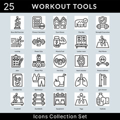 Workout Tools icon set collection in outline style. an icon pack contain gym gloves, flat abs, strength guarantee, running, power grip, muscle fuel, locker room, mat moves, plan