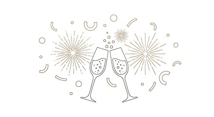 Elegant champagne toast illustration with fireworks and confetti on white background