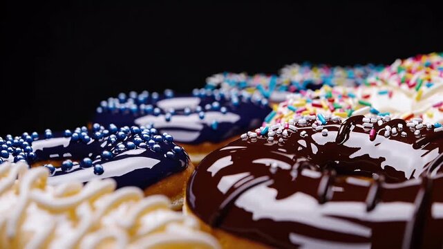 A delicious array of multicolored donuts topped with sprinkles and glazes slowly recede into the background in rich high resolution footage ideal for bakery promotion culinary scenes or sweet food