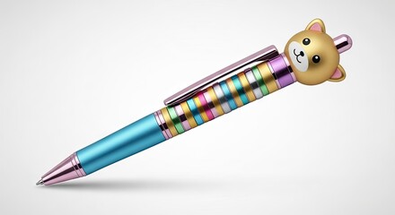 A blue pen adorned with a cartoon dog head lies on a neutral background showcasing a blend of metallic and playful design