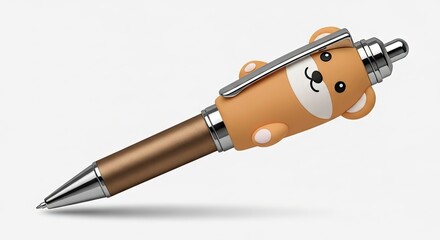 Fototapeta premium A brown and silver pen with a cartoon bear design on the end The pen is lying at an angle on a white surface casting a slight shadow