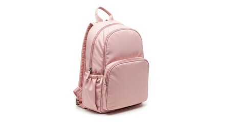 A light pink backpack with two zippered compartments against a white background