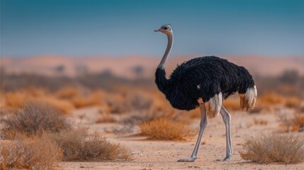 Naklejka premium An ostrich stands tall in a dry, shrubby landscape under a pale blue sky