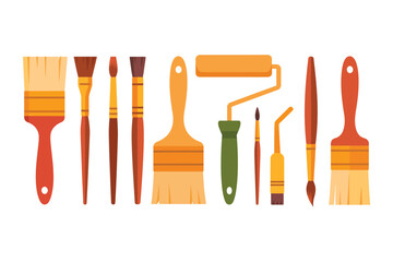 Collection of various painting tools and brushes on a white background