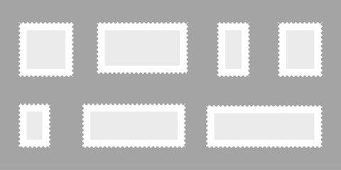 Blank postage stamps borders vector set. Mockup postage stamps with shadow. Realistic trendy post stamps set. Vector illustration.