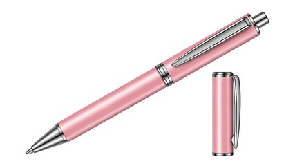 A pink pen with silver accents is shown with its cap alongside