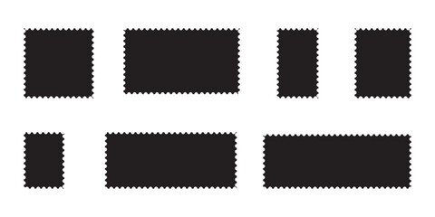 Blank postage stamps borders vector set. Mockup postage stamps with shadow. Realistic trendy post stamps set. Vector illustration.