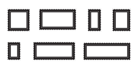 Blank postage stamps borders vector set. Mockup postage stamps with shadow. Realistic trendy post stamps set. Vector illustration.