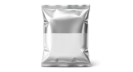 A shiny silver foil packet with a blank white label section in the center