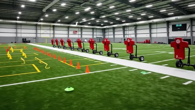 Indoor Football Training Facility with Practice Equipment.
