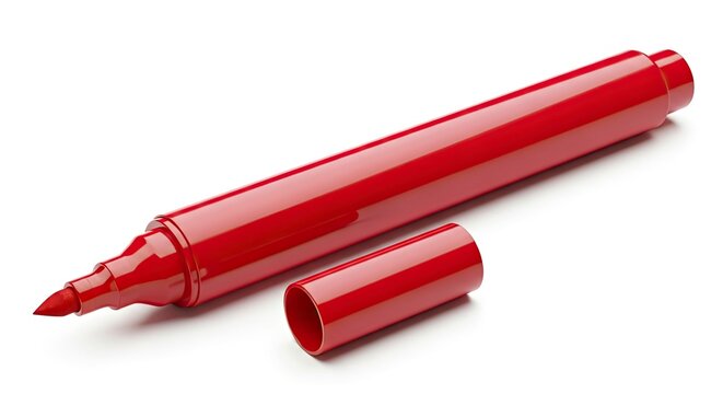 A red marker lies on a white surface with the cap off and positioned next to the body