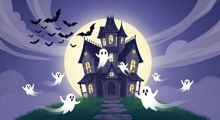 Fototapeta premium A spooky haunted house at night with bats and ghosts