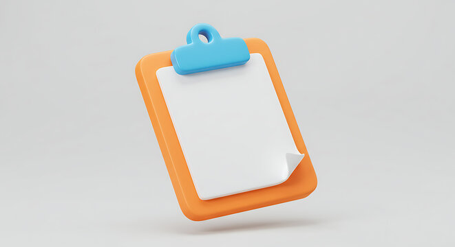 A 3D rendered orange clipboard with a blank white sheet of paper, slightly angled, floating against a light gray background. - Powered by Adobe