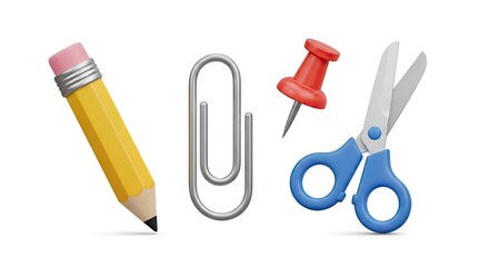 A yellow pencil paper clip red tack and scissors are displayed against a white backdrop