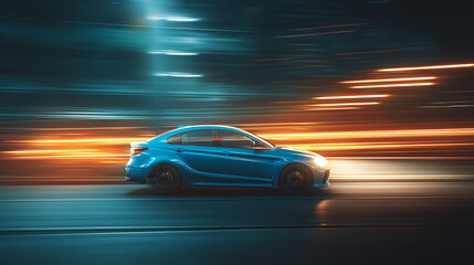 car driving in motion, blue car on high speed. night 