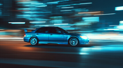 car driving in motion, blue car on high speed. night 