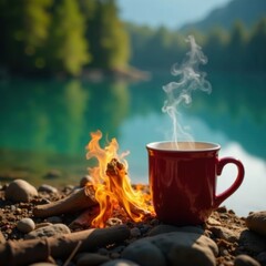 Close-up steaming coffee mugs near lakeside fire , shore, shadows