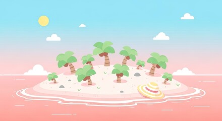 Tropical island with palm trees hat on beach pink sea