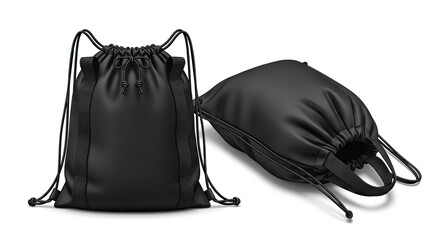 Naklejka premium Two black drawstring bags one upright and one lying on its side isolated on a white background