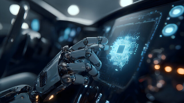 A robotic hand interacting with a glowing screen displaying a circuit board design in a vehicle interior