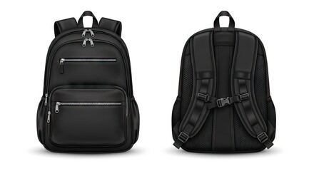 Fototapeta premium Two views of a black backpack showcasing front and rear designs