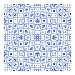 Fototapeta premium Traditional Blue and White Ikat Pattern, Indonesian Batik Inspired Geometric Design, Ethnic Diamond and Floral Motif Fabric