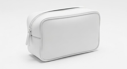 White toiletry bag zipped rectangular shape rounded corners with a minimalist aesthetic set against a plain white backdrop