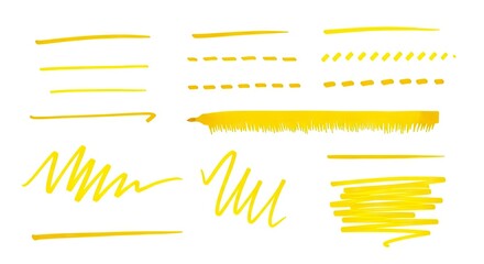 Yellow marker strokes varying in style from solid lines to scribbles arranged on a white background