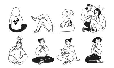 Set of doodle people, happy and sad man and woman. Mental health. Support. Emotion balance. Vector illustration