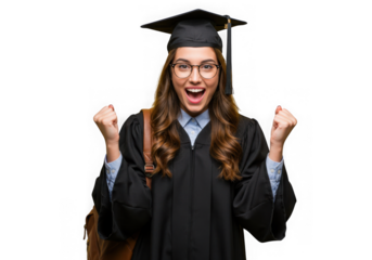 Excited graduate in cap and gown celebrating success isolated on transparent background