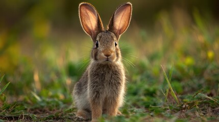 Fototapeta premium Soft-focused cottontail rabbit sits amongst green grass, ears glowing warmly