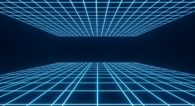 Futuristic Digital Tunnel with Grid Pattern in Blue Light for Technology and Science Themes - Powered by Adobe