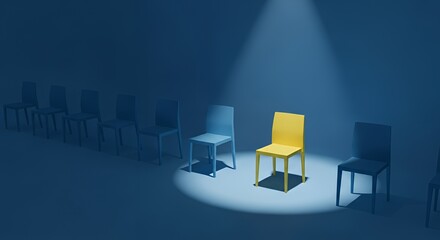 Single Yellow Chair Highlighted in Spotlight Among Grey Chairs in Dimly Lit Room
