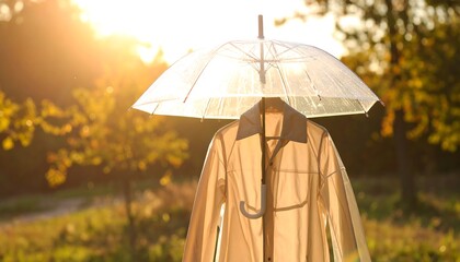 Raincoat and Umbrella Against Sunlight in Natural Outdoor Setting