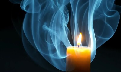 Soft, ethereal smoke swirls around a warm candle flame - Powered by Adobe