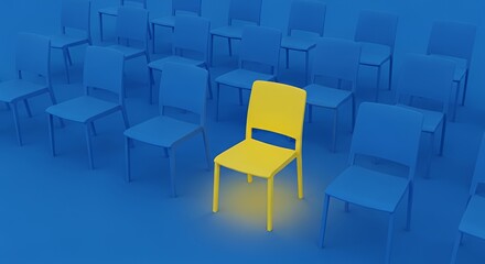 Single Yellow Chair Surrounded by Blue Chairs in Empty Conference Room