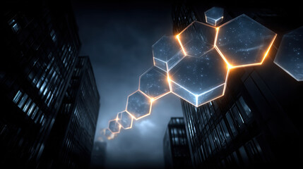 Obraz premium Futuristic hexagonal shapes glowing in cityscape symbolize innovation and technology