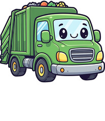 Cute Cartoon Garbage Truck Vector &ndash; Smiling Green Waste Collection Vehicle for Kids Education and Recycling Concept