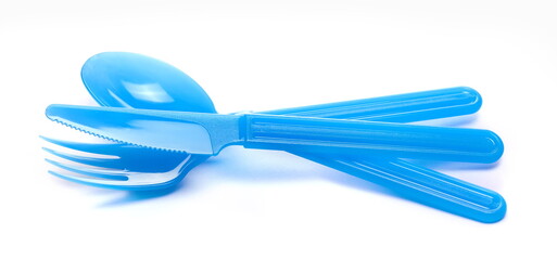 plastic blue fork, knife and spoon isolated on white background,