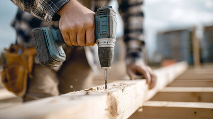 Construction worker with toolbelt using cordless screwdriver to fasten screws into a plank of wood during home renovation or house framing. DIY, woodwork, and building concept