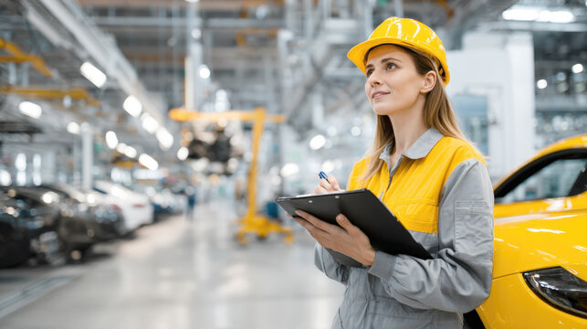 A woman working as a professional engineer in a car manufacturing plant, wearing a uniform and a yellow hardhat, and taking notes on a clipboard during a quality control inspection - Powered by Adobe