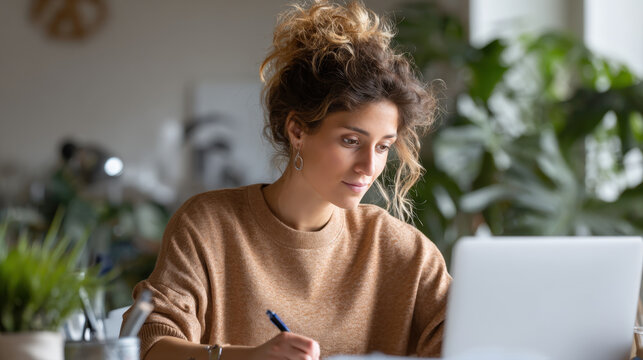 Female student studying online on computer, looking at screen, holding pen, and making notes in notebook. Remote education or distant work - Powered by Adobe