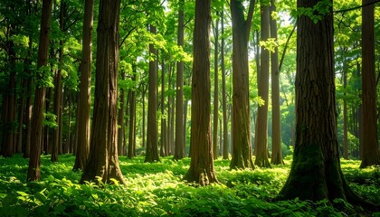 Obraz premium Sunlight filtering through lush forest canopy