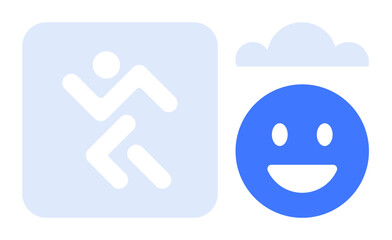 Smiling face icon next to running figure and cloud outlines suggest optimism, energy, activity, and cheerful mood. Ideal for wellness, exercise, productivity, motivation, mental health fun apps