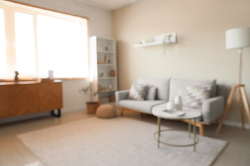 Stylish interior of light living room with cozy couch, coffee table and shelving unit, blurred view