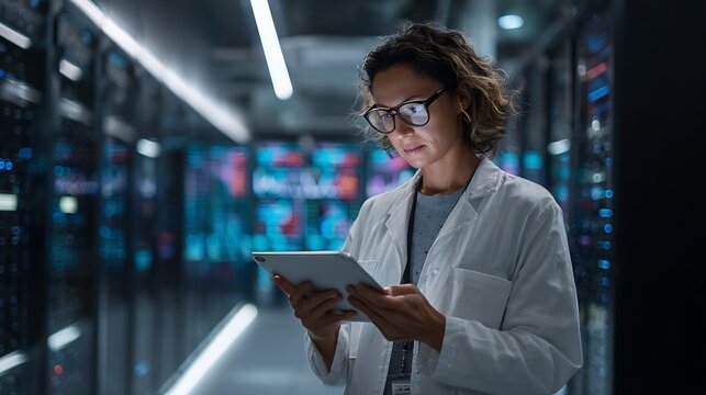 Female IT Specialist Analyzing Data in Modern Server Room